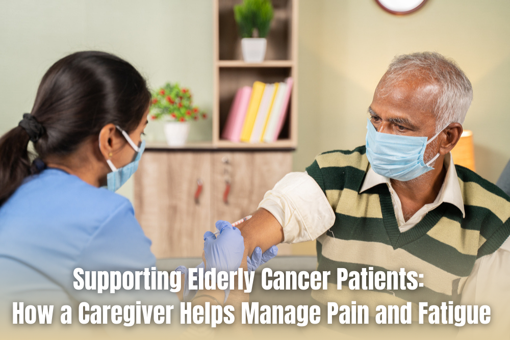 A Caretaker giving injection an elderly with cancer